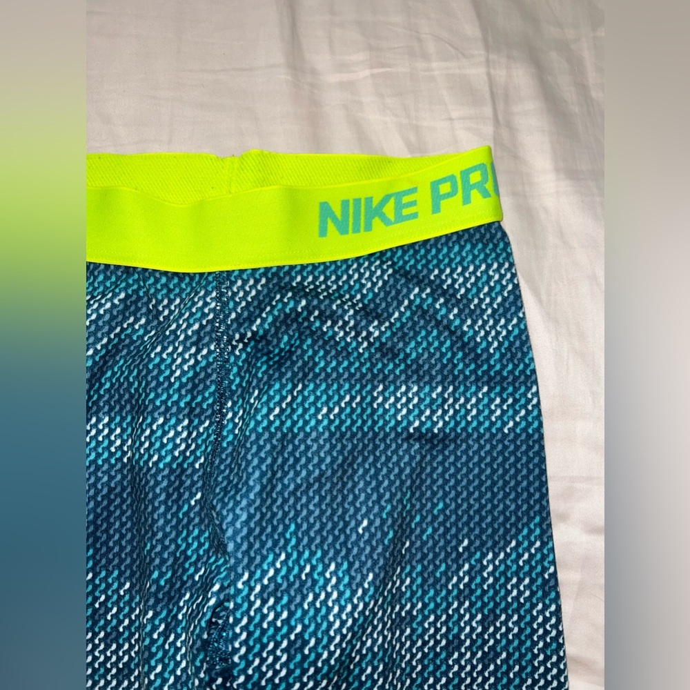 Nike Pro Leggings Blue Teal Neon Green Waistband Size XS - Picture 12 of 12
